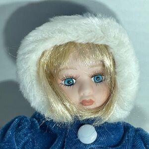 Porcelain Doll 9" Blonde/blue In Eskimo Blue Fur Trim Outfit.